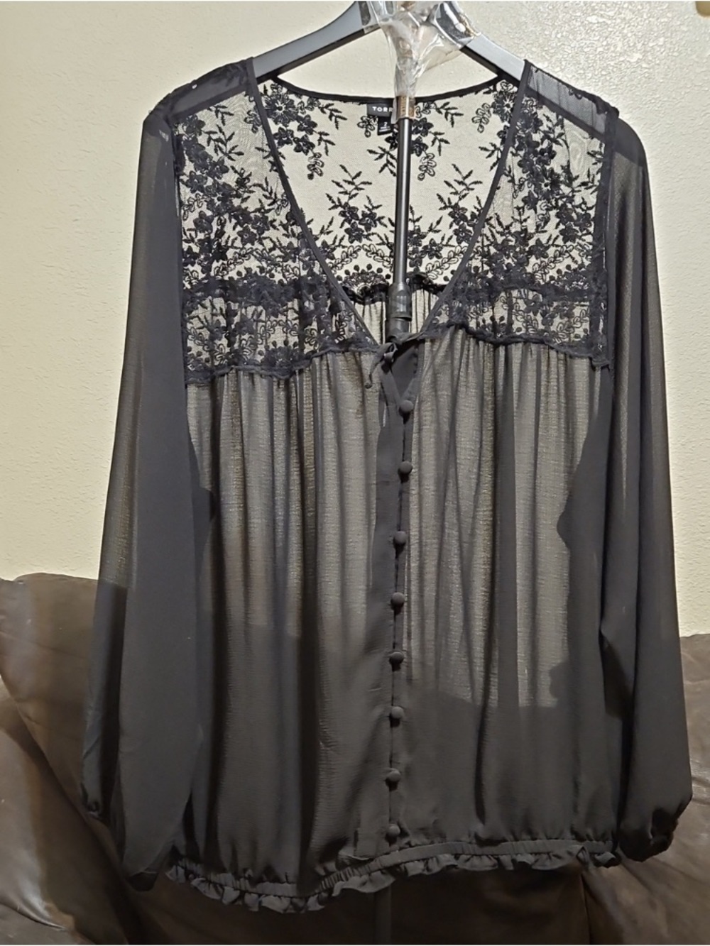 torrid Black Sheer Lace Yoke Long-Sleeve Button Front Blouse